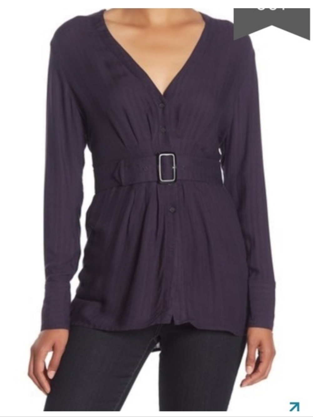 Free‎ People Belted V-Neck Button Down Top in Deep Plum